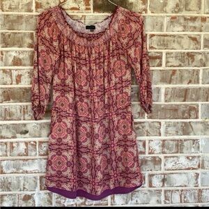 Sanctuary Burgundy and Pink Floral Peasant Neck Tunic Blouse
